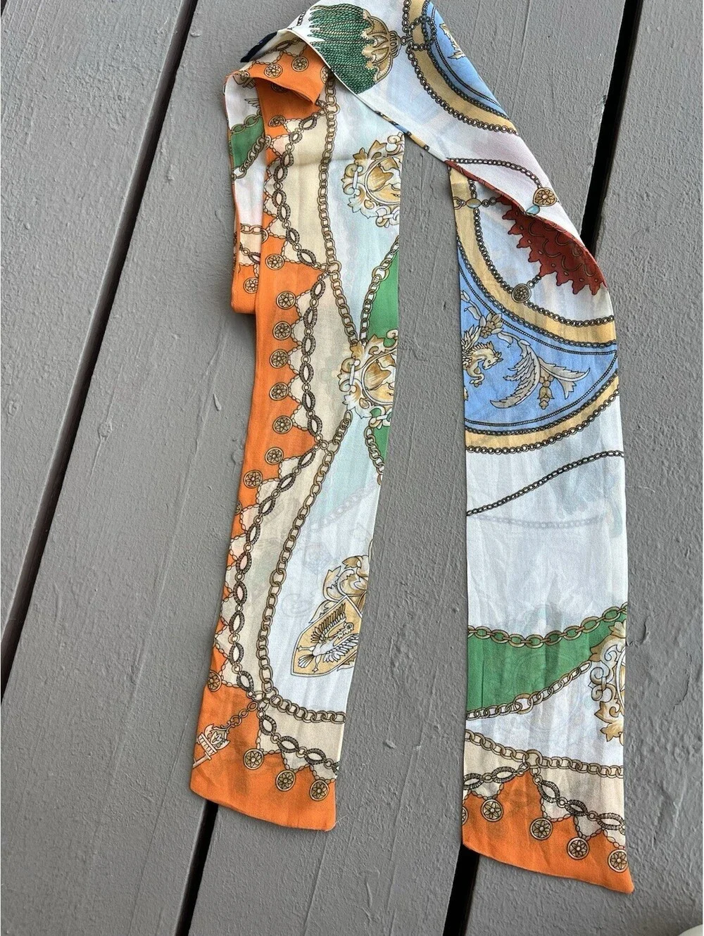 Silk narrow 64”X4” multicolored printed scarf chain equestrian  Tommy Hilfiger.